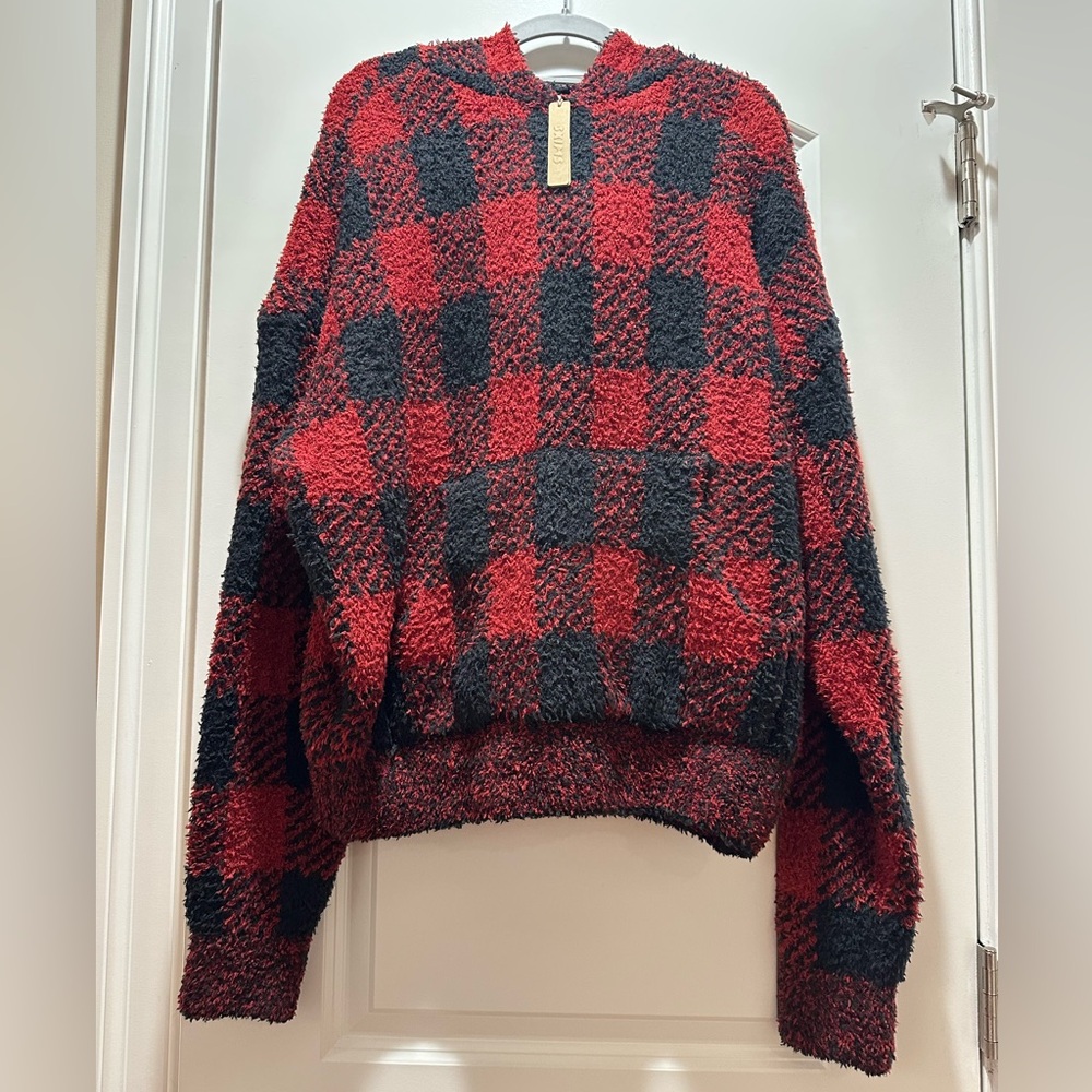 SKIMS Cozy Red and Black Buffalo Plaid Sweater